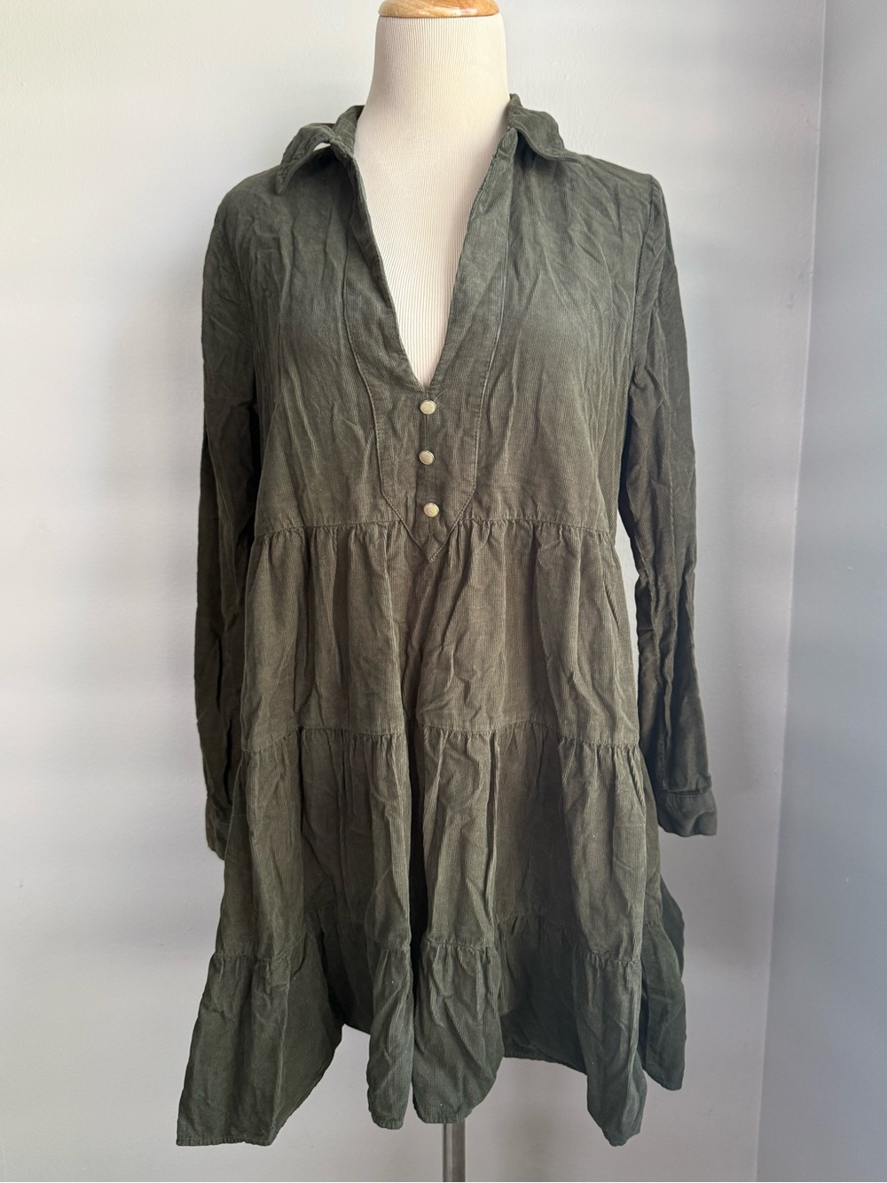 Zara Size Medium Corduroy Olive Green Tiered Long-Sleeve Babydoll Dress